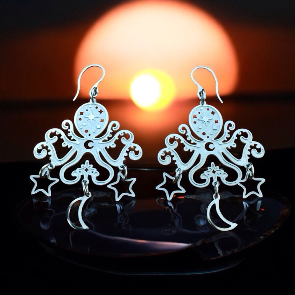 🆕 Octopus with Stars and Moons Laser Etched Earrings Stainless Steel